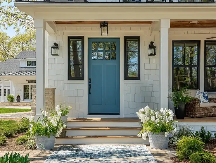 Modern fiberglass entry door installed