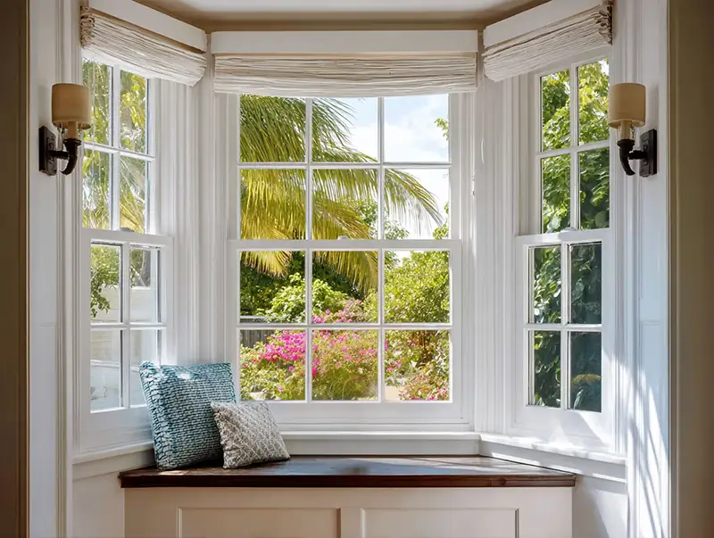 Luxurious living room featuring a stunning bay window with custom seating