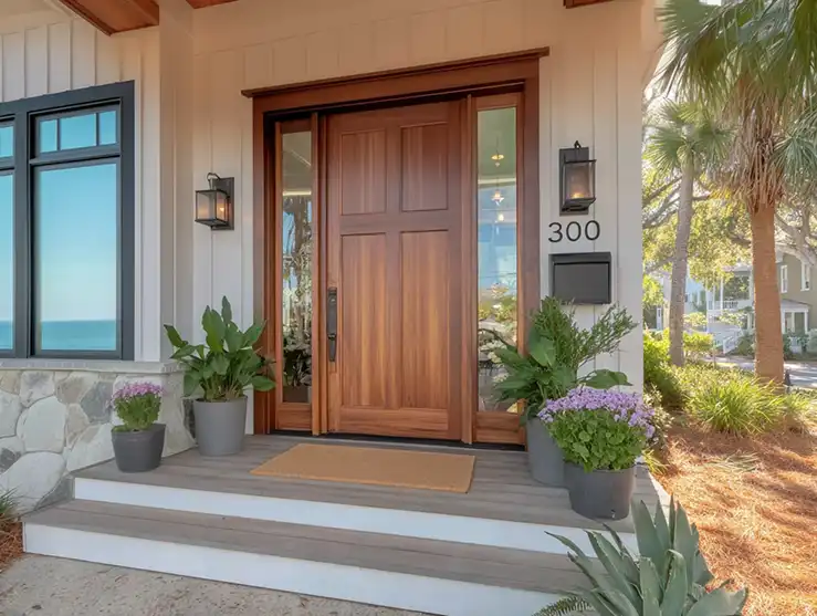 Classic wooden entry door installed